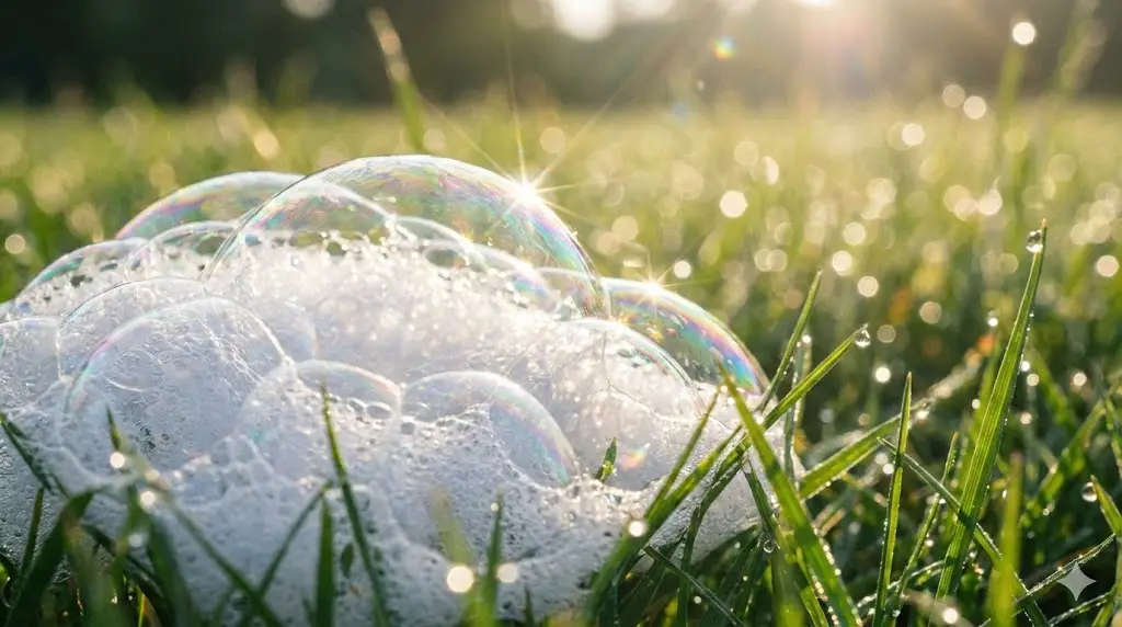 Macro photography of a cluster of iridescent white foam bubbles resting on vibrant green grass blades. Sunlight filters through the delicate bubbles, creating bright sparkles and lens flares against a soft, blurred nature background, evoking a fresh and clean atmosphere.