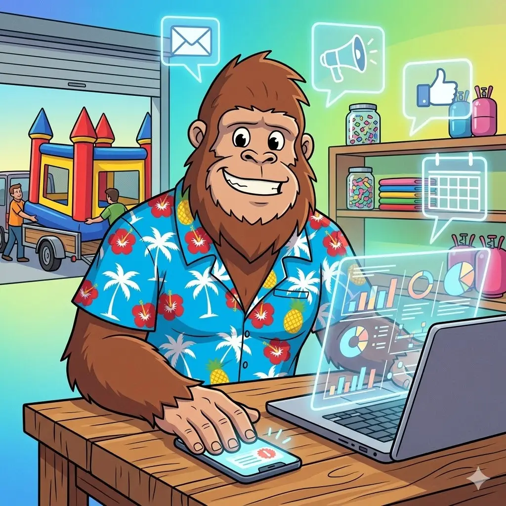 Cartoon Bigfoot mascot using a laptop and smartphone to run a bounce house rental business with AI, surrounded by marketing icons and an inflatable in the background