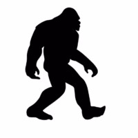 A solid black silhouette of a Bigfoot walking.